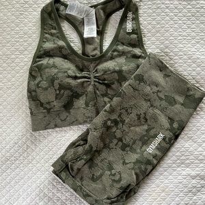 Gymshark green camouflage sports bra and shorts